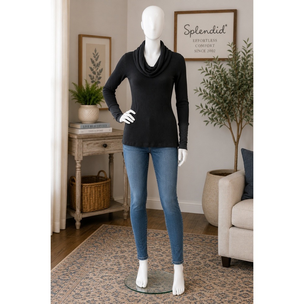 Splendid Womens Thermal Top Black Waffle Knit Cowl Neck Long Sleeve M